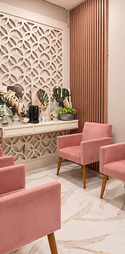 Recepção da clínica com poltronas rosa, aparador branco e painel ripado